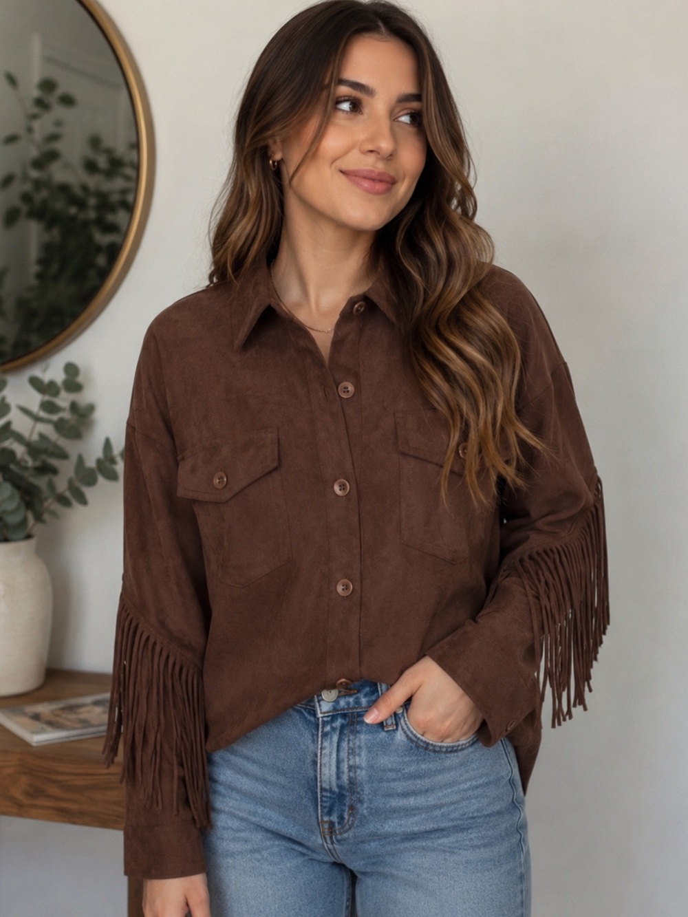 Women's Brown Fringe Button-Front Shirt
